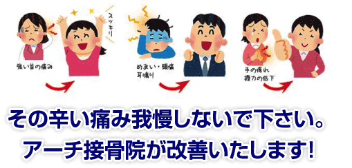その辛い痛み我慢しないで下さい。アーチ接骨院が改善いたします!